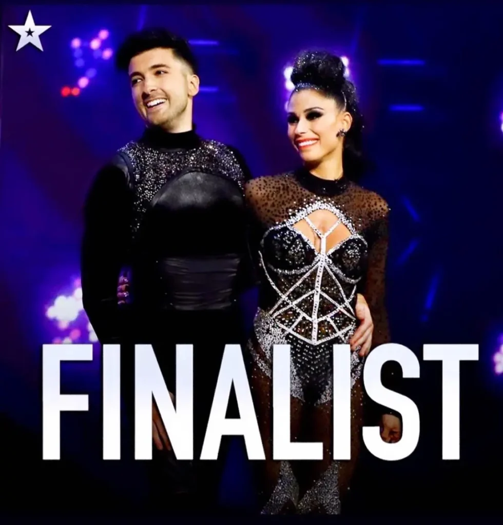 Aaron Brown and Jasmine Takacs on the stage of the Britain's Got Talent final, showcasing their dynamic dance routine and captivating presence.